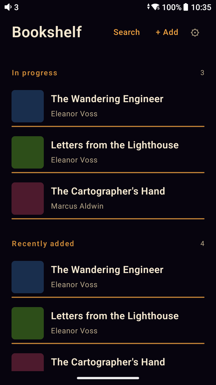 Meringo Listen Bookshelf — 'In progress (3)' and 'Recently added (4)' shelves listing The Wandering Engineer, Letters from the Lighthouse, and The Cartographer's Hand