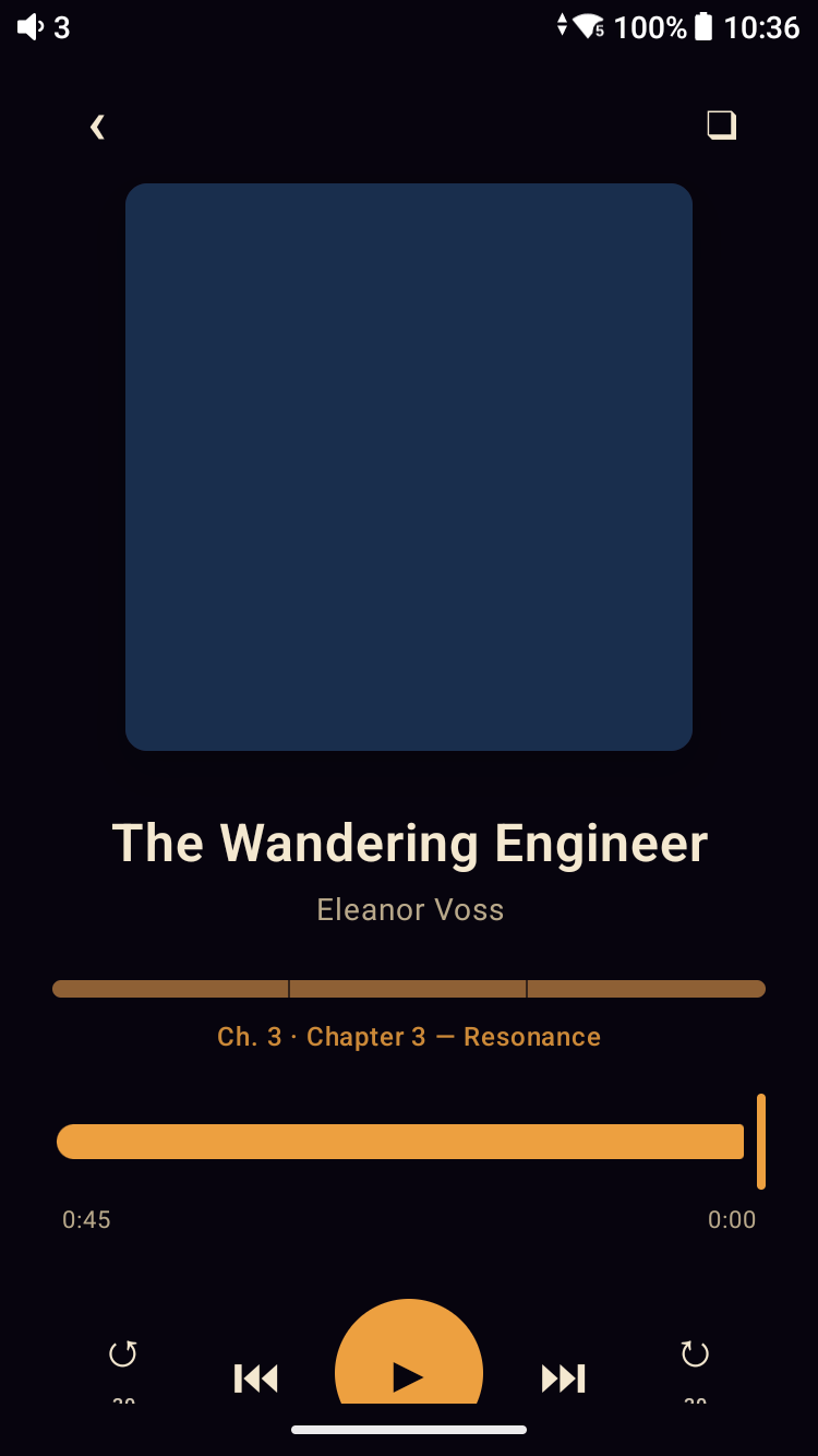 Meringo Listen Now Listening screen — 'The Wandering Engineer' by Eleanor Voss, Chapter 3: Resonance, with a gold chapter strip, scrubber, and chapter-aware transport controls