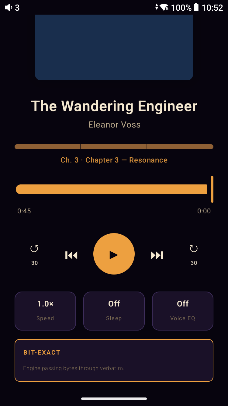 Meringo Listen Now Listening controls — the Speed / Sleep / Voice EQ pill row and the route badge reading 'BIT-EXACT — engine passing bytes through verbatim'